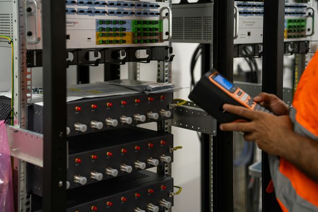 Técnico conferindo um rack de servidores com um aparelho de teste na mão