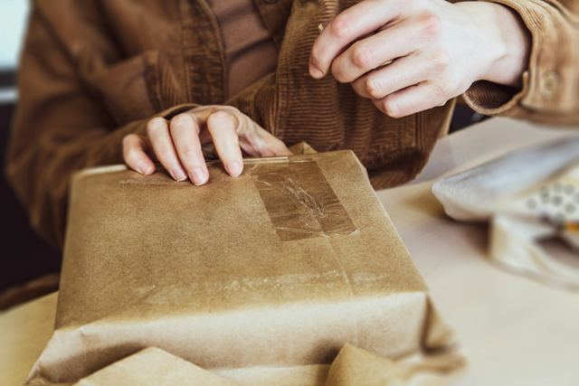 Mãos de uma pessoa montando uma embalagem de papelão sobre a mesa