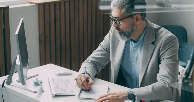 Homem sentado à mesa de trabalho escrevendo em uma folha de papel, anotando as contas de um investimento