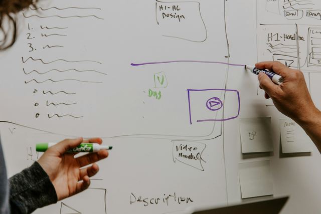 Duas pessoas desenhando e planejando em um quadro branco