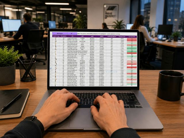 Mãos digitando num notebook com uma planilha de produtos aberta no escritório