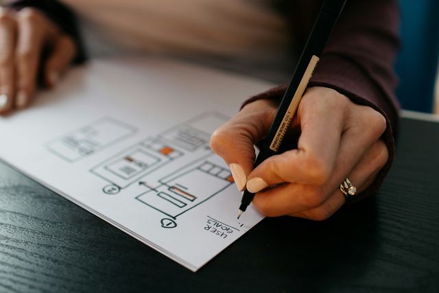 Mãos de uma mulher desenhando o esboço de uma tela de aplicativo no papel
