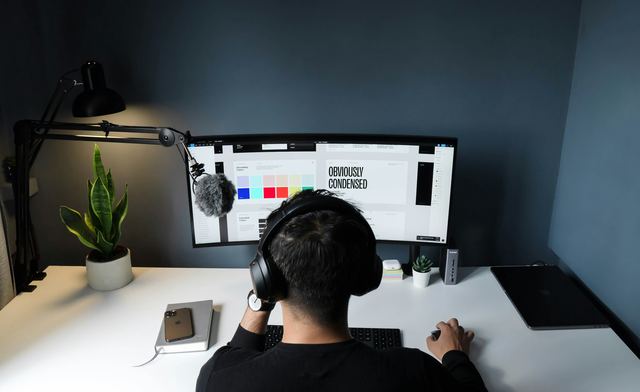 Designer de fones de ouvido, de costas, trabalhando num monitor com amostras de cor, numa mesa branca com luminária