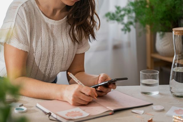 Mulher anotando num caderno enquanto confere o celular, numa mesa clara de home office