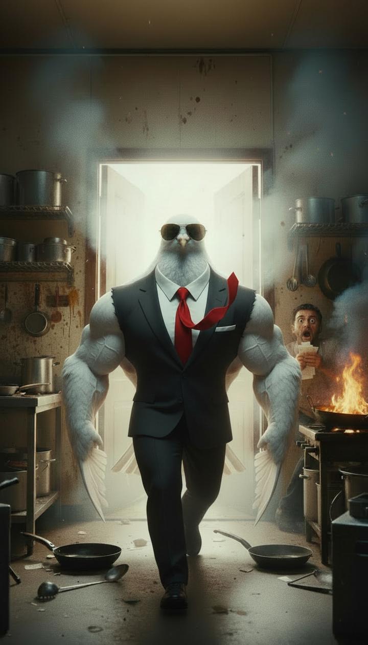 James, o pombo de terno (personagem ilustrado), entrando com calma numa cozinha em caos