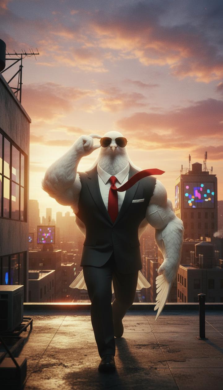 James, o pombo de terno (personagem ilustrado), num terraço da cidade ao pôr do sol