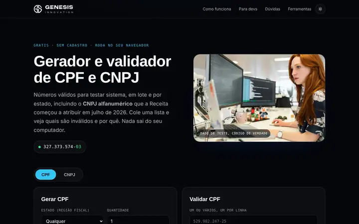 Prévia da página inicial de Gerador de CPF e CNPJ