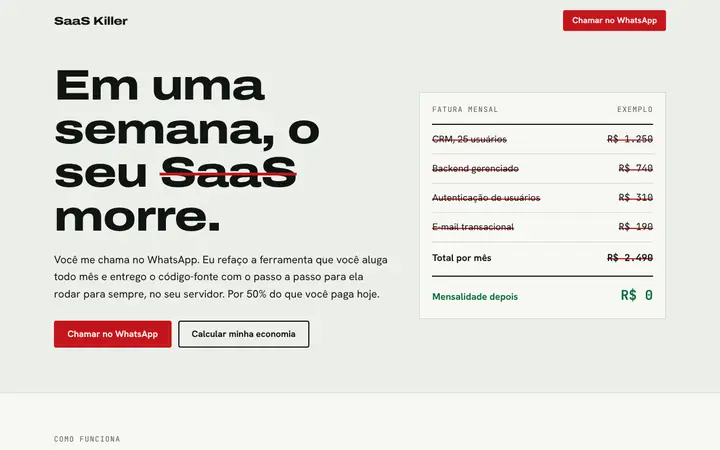 Prévia da página inicial de SaaS Killer