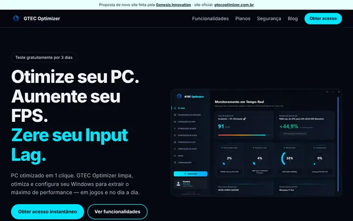 Prévia da página inicial de GTEC Optimizer